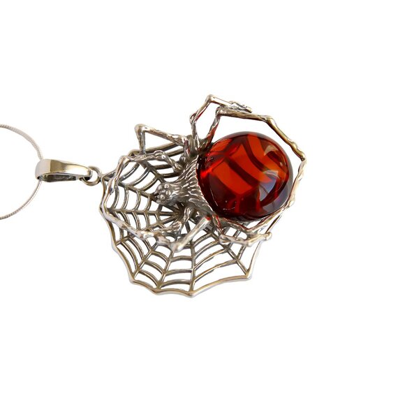 Baltic Cherry Amber Spiderweb Pendant in 925 Sterling Silver - Picture 4 of 5